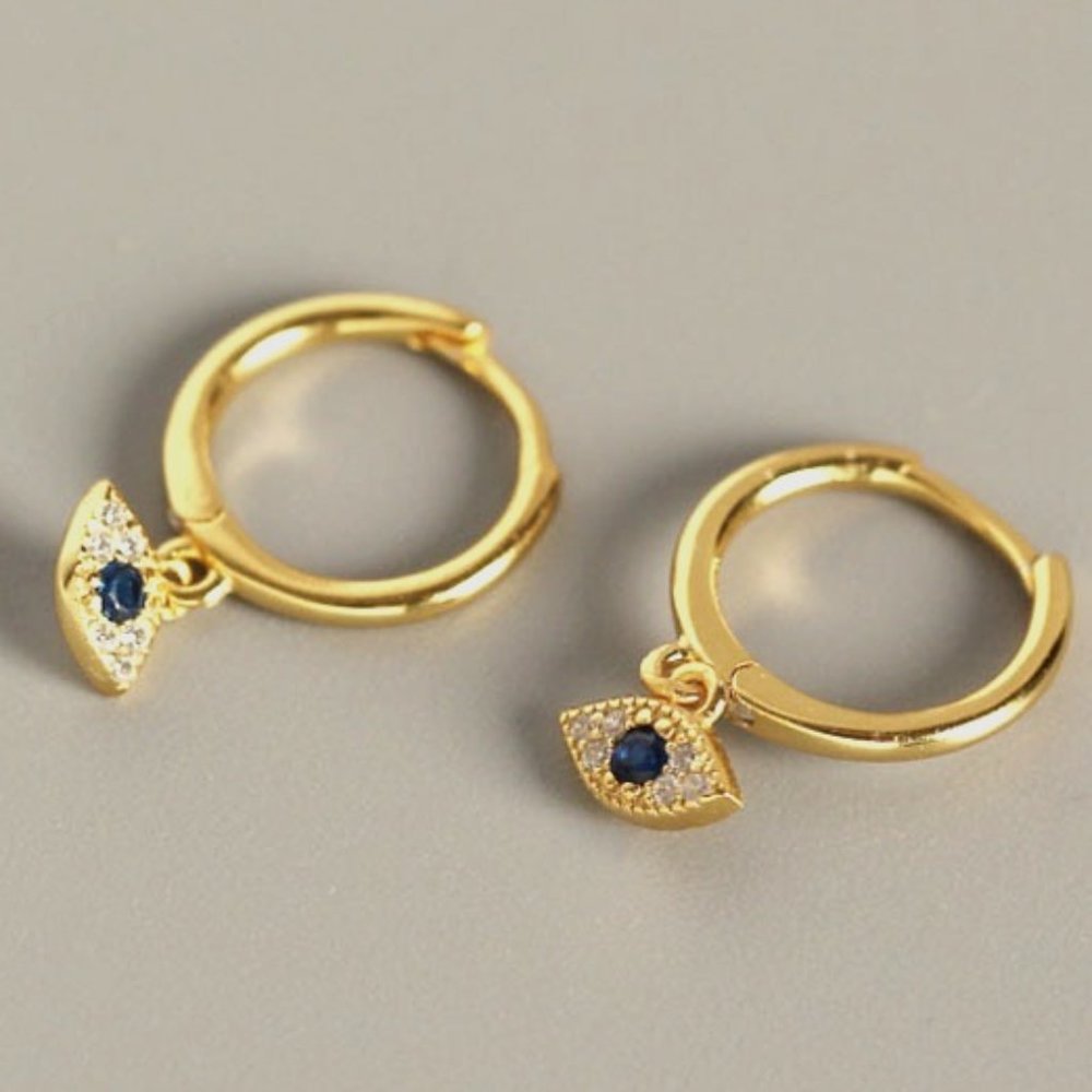 18K Yellow Gold Plated 925 Sterling Silver Eye Huggies Earrings